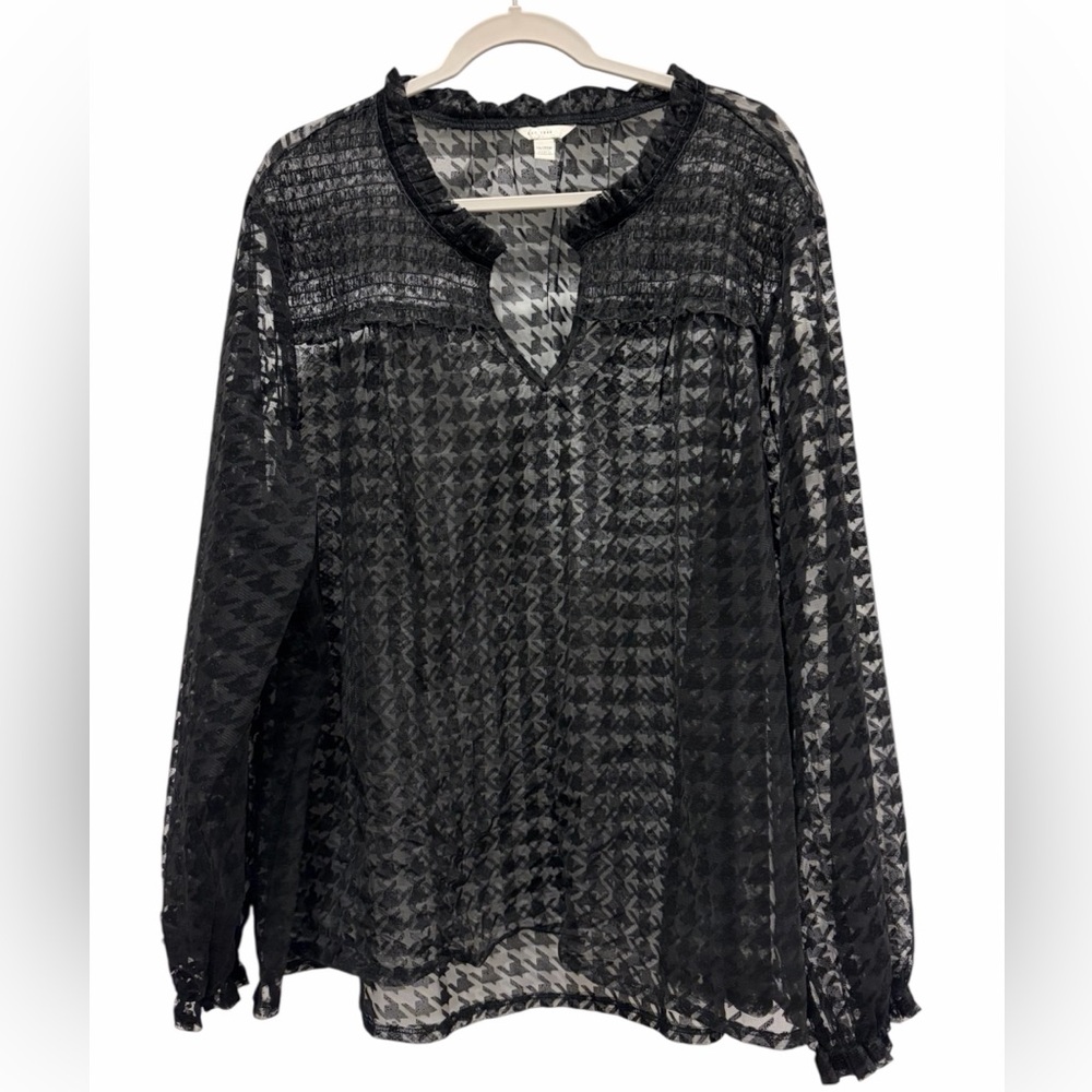 Cato Black Velvet Houndstooth Print Sheer Mesh Top 18/20 Classy Career Interview